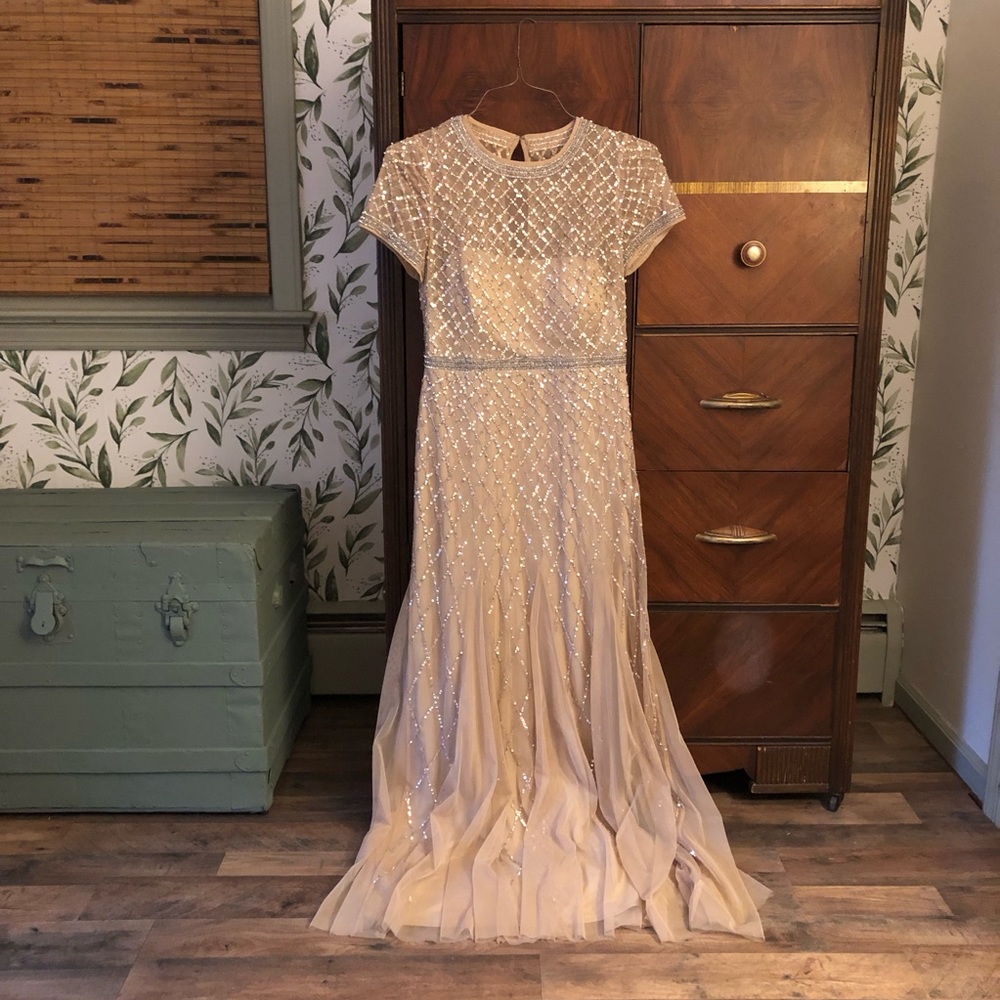 Adrianna Papell Cream Maxi Dress with Silver Accents